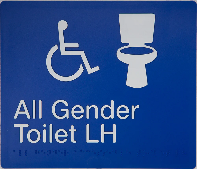 Braille Sign, All Gender Wheelchair Accessible Toilet Left Hand, 210 x 180mm, Blue/White PVC