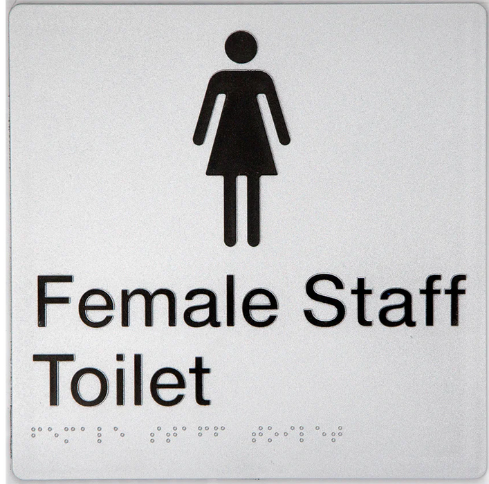 Braille Sign, Female Staff Toilet, 180 x 180mm, Silver/Black PVC