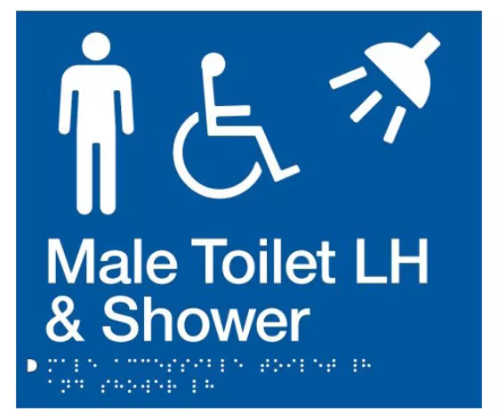 Braille Sign, Male Wheelchair Accessible Toilet & Shower Left Hand, 210 x 180mm, Blue/White PVC