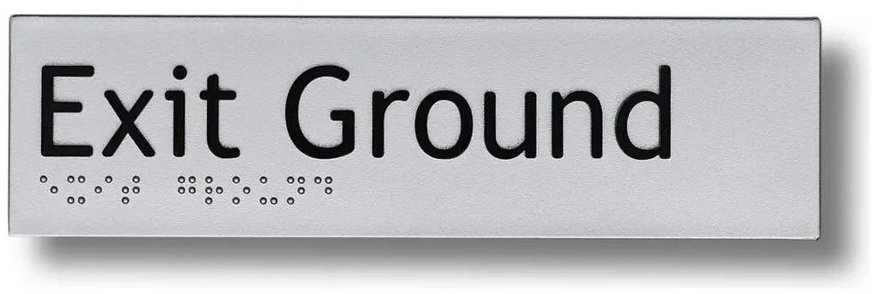 Braille Sign, Exit Ground, 180 x 50mm, Silver/Black PVC