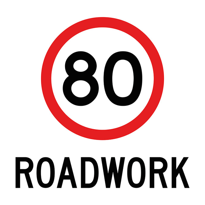 80km/h Roadwork, Multi Message 600 x 600mm Corflute, Class 1 Reflective