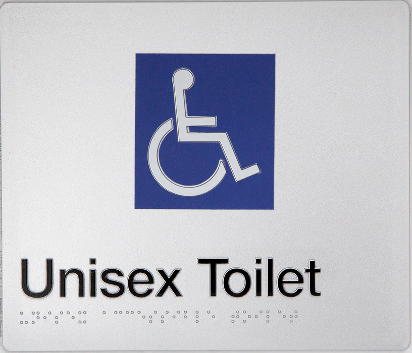 Braille Sign, Unisex Disabled Toilet, 210 x 180mm, Silver/Black PVC