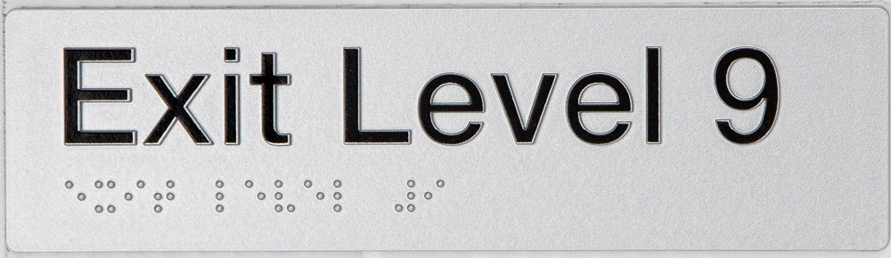 Braille Sign, Exit Level 9, 180 x 50mm, Silver/Black PVC