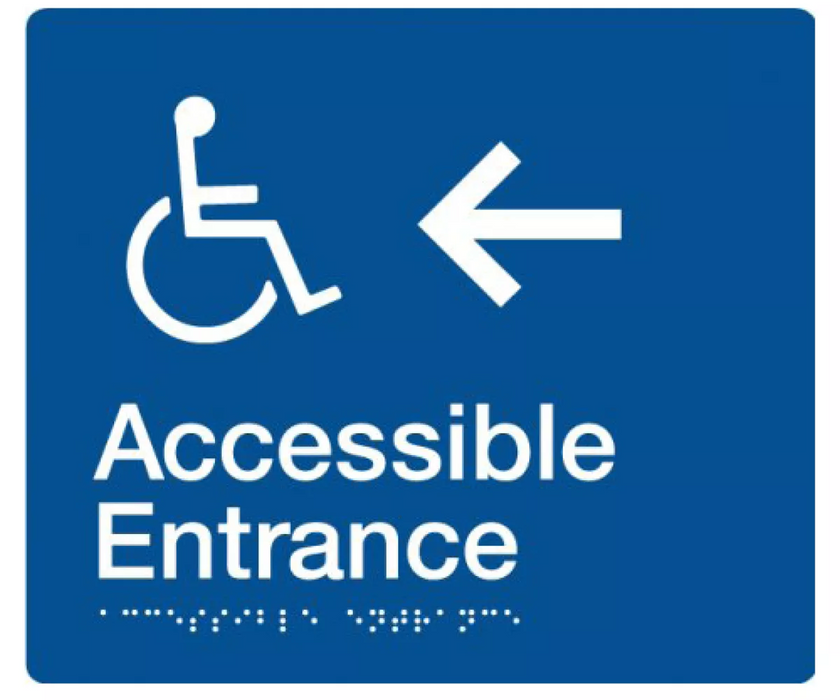 Braille Sign, Wheelchair Accessible Entrance Left, 210 x 180mm, Blue/White PVC