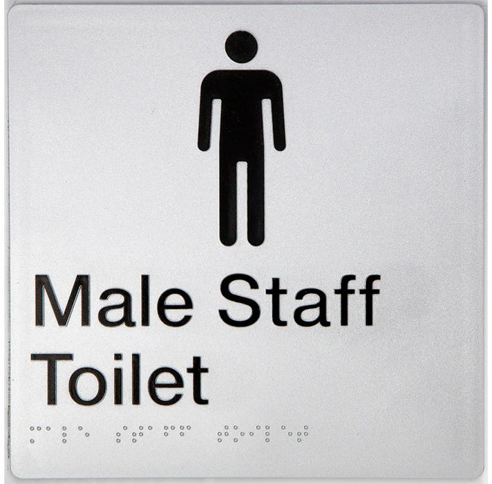 Braille Sign, Male Staff Toilet, 180 x 180mm, Silver/Black PVC