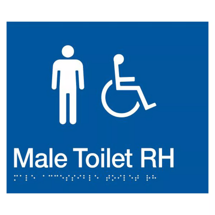 Braille Sign, Male Wheelchair Accessible Toilet Right Hand, 210 x 180mm, Blue/White PVC