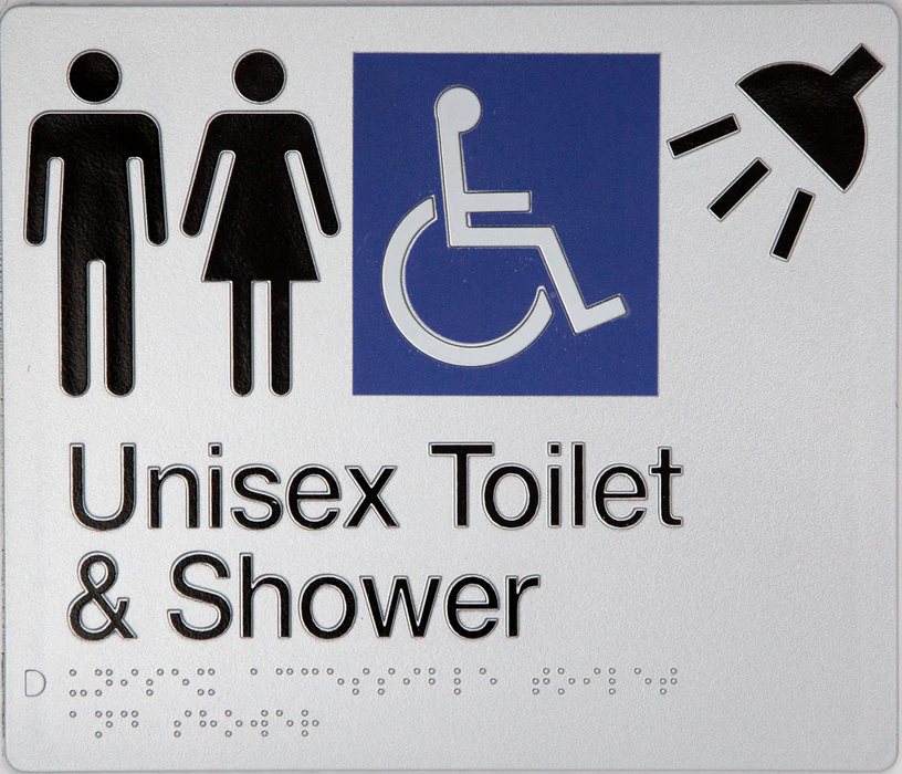 Braille Sign, Unisex Wheelchair Accessible Toilet & Shower, 210 x 180mm, Silver/Black PVC