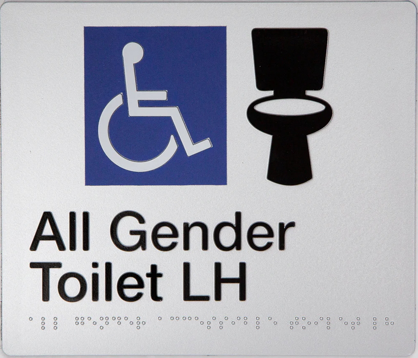 Braille Sign, All Gender Wheelchair Accessible Toilet Left Hand, 210 x 180mm, Silver/Black PVC