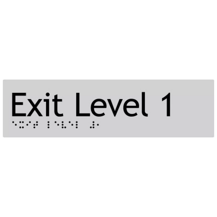 Braille Sign, Exit Level 1, 180 x 50mm, Silver/Black PVC