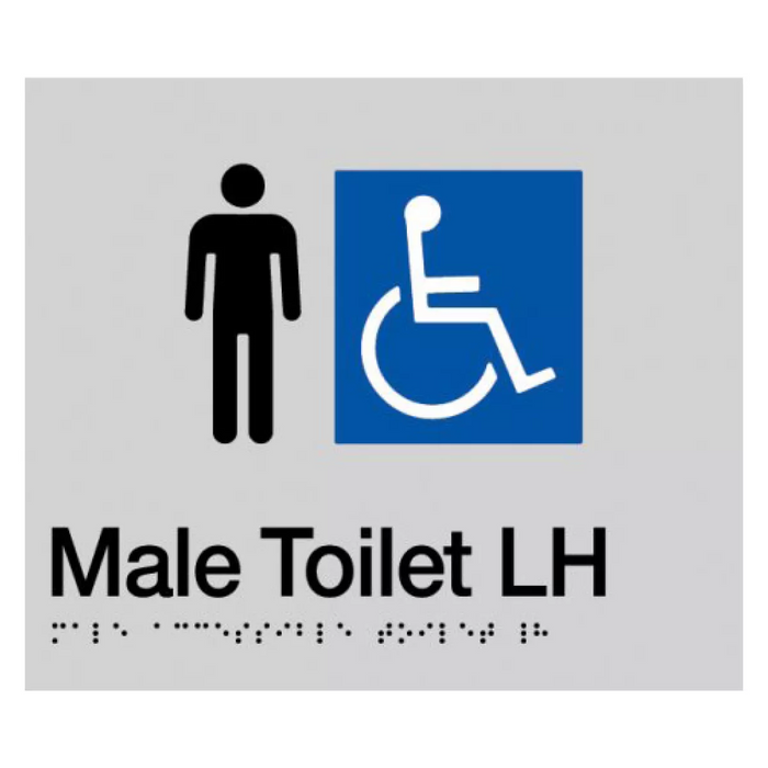 Braille Sign, Male Wheelchair Accessible Toilet Left Hand, 210 x 180mm, Silver/Black PVC