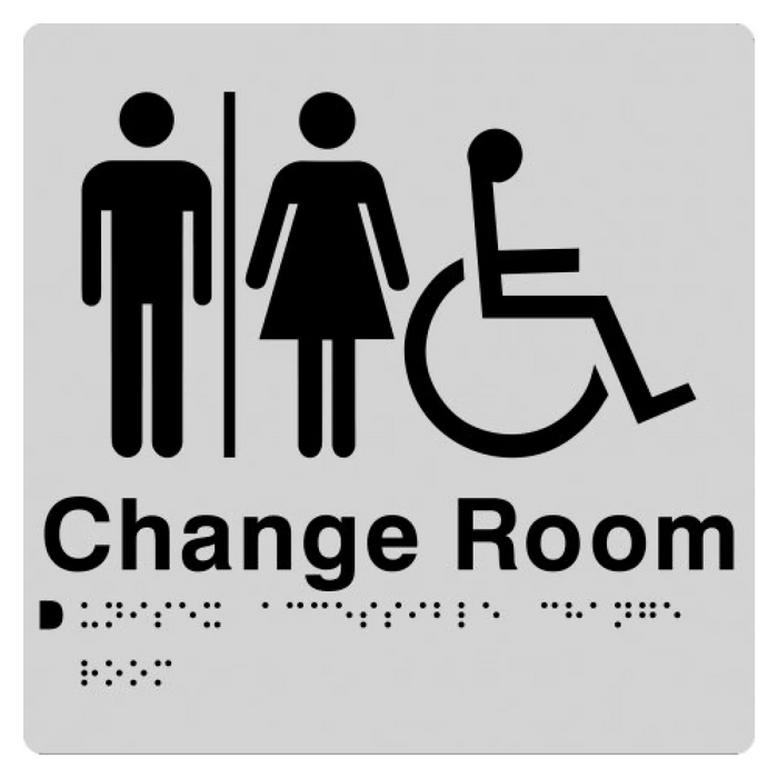 Braille Sign, Unisex Wheelchair Accessible Change Room, 180 x 180mm, Silver/Black PVC