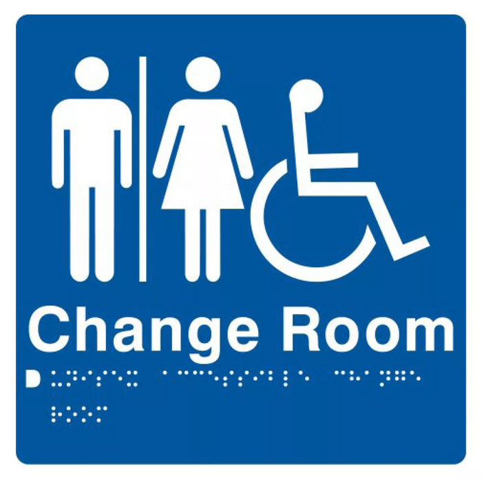 Braille Sign, Unisex Wheelchair Accessible Change Room, 180 x 180mm, Blue/White PVC