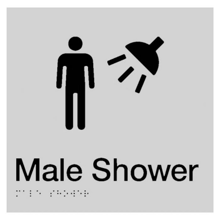 Braille Sign, Male Shower, 180 x 180mm, Silver/Black PVC