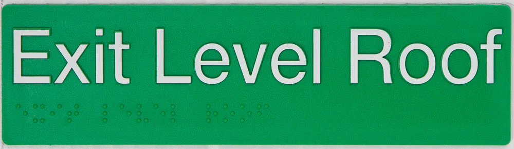 Braille Sign, Exit Level Roof, 180 x 50mm, Green/White PVC