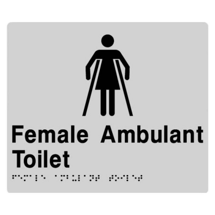 Braille Sign, Female Ambulant Toilet, 210 x 180mm, Silver/Black PVC