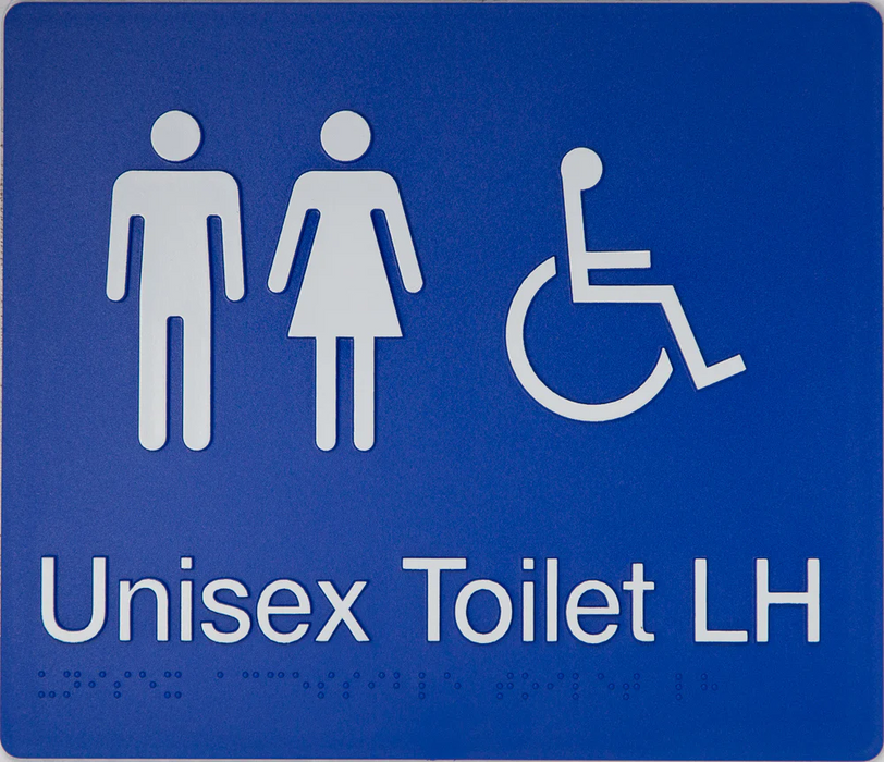 Braille Sign, Unisex Wheelchair Accessible Toilet Left Hand, 210 x 180mm, Blue/White PVC