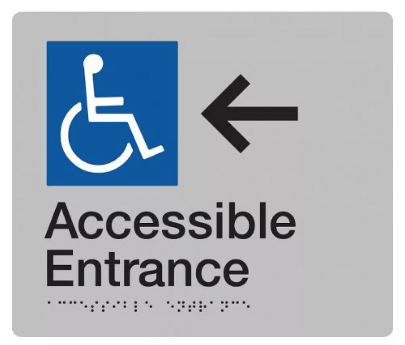 Braille Sign, Wheelchair Accessible Entrance Left, 210 x 180mm, Silver/Black PVC