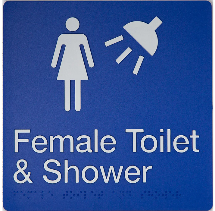 Braille Sign, Female Toilet & Shower, 180 x 180mm, Blue/White PVC