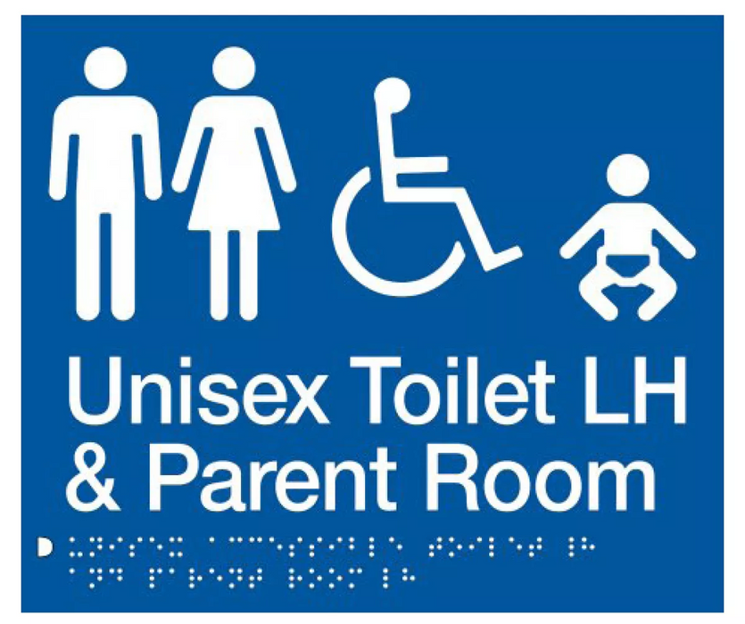 Braille Sign, Unisex Wheelchair Accessible Toilet LH & Parent Room, 210 x 180mm, Blue/White PVC