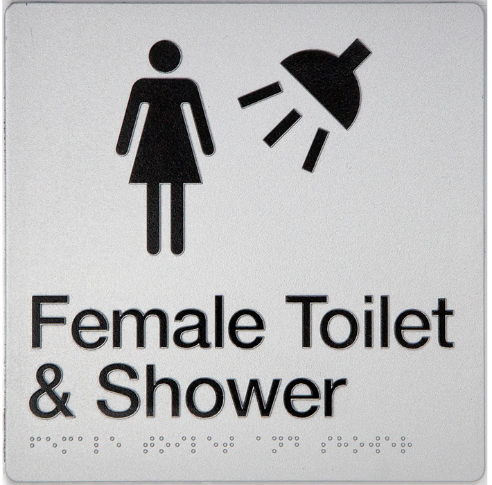 Braille Sign, Female Toilet & Shower, 180 x 180mm, Silver/Black PVC