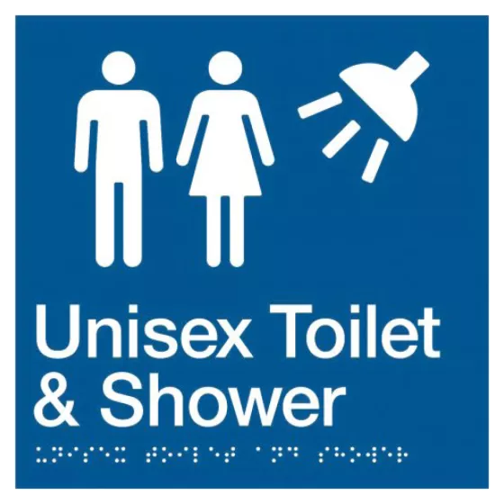 Braille Sign, Unisex Toilet & Shower, 180 x 180mm, Blue/White PVC