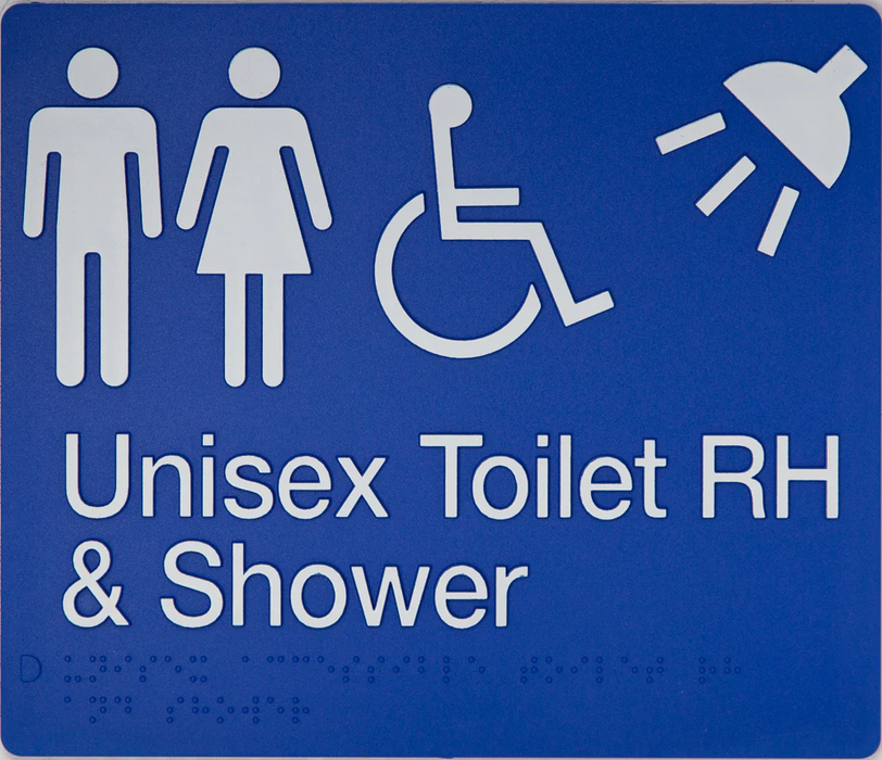 Braille Sign, Unisex Wheelchair Accessible Toilet & Shower Right Hand, 210 x 180mm, Blue/White PVC