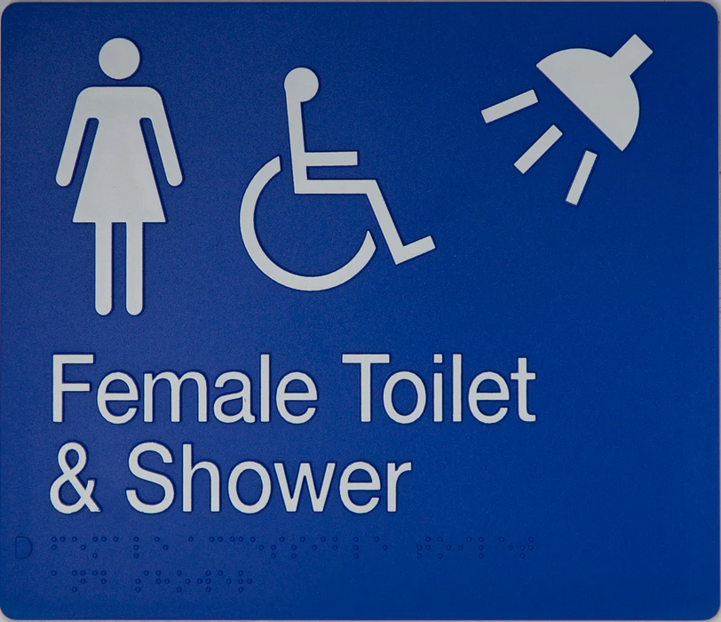 Braille Sign, Female Wheelchair Accessible Toilet & Shower, 210 x 180mm, Blue/White PVC