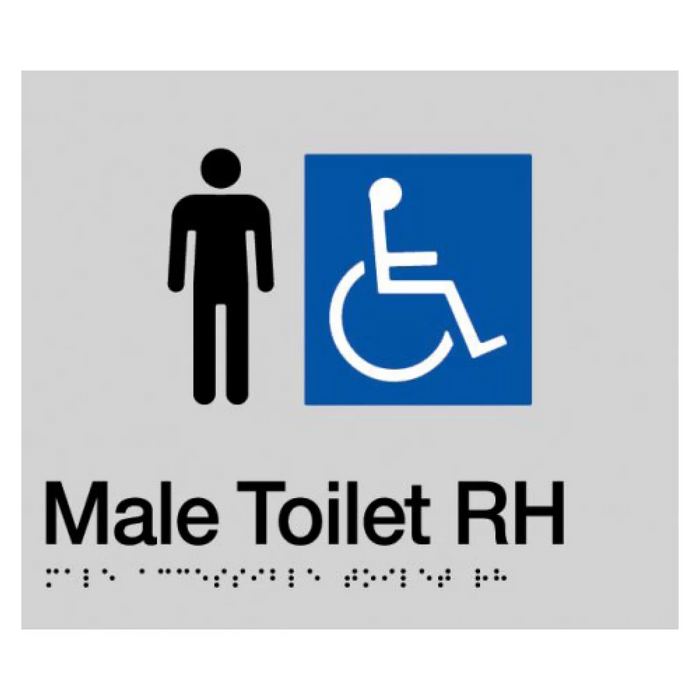 Braille Sign, Male Wheelchair Accessible Toilet Right Hand, 210 x 180mm, Silver/Black PVC