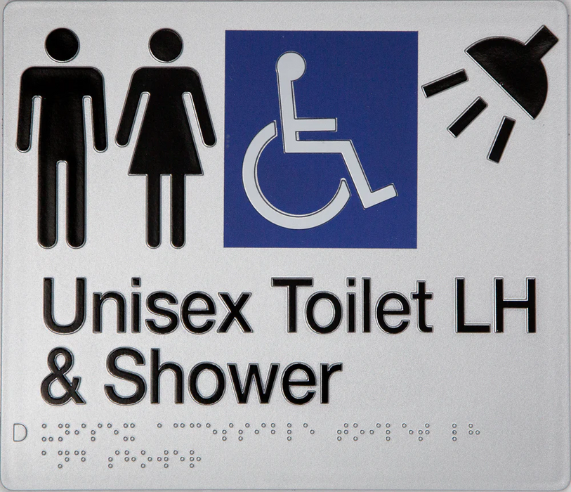 Braille Sign, Unisex Wheelchair Accessible Toilet & Shower Left Hand, 210 x 180mm, Silver/Black PVC