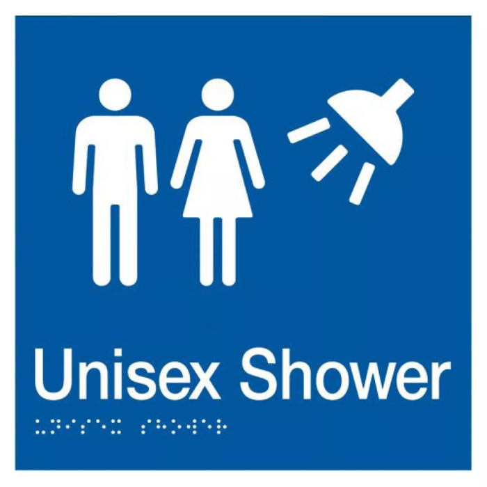 Braille Sign, Unisex Shower, 180 x 180mm, Blue/White PVC