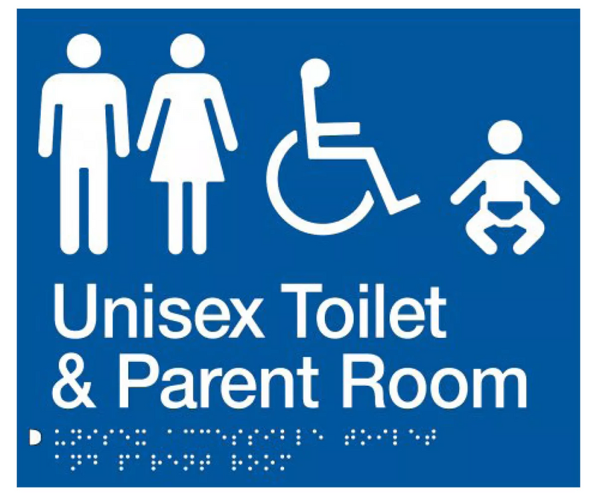 Braille Sign, Unisex Wheelchair Accessible Toilet & Parent Room, 210 x 180mm, Blue/White PVC