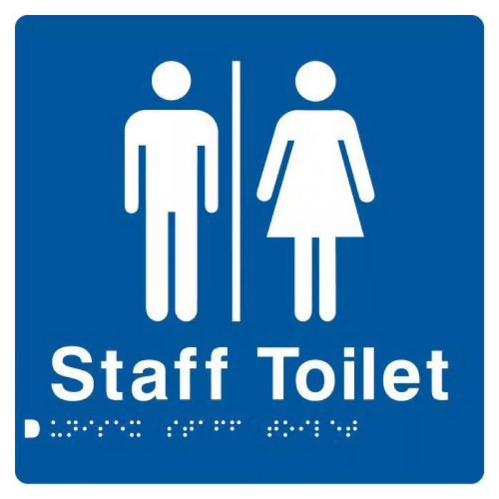 Braille Sign, Unisex Staff Toilet, 180 x 180mm, Blue/White PVC