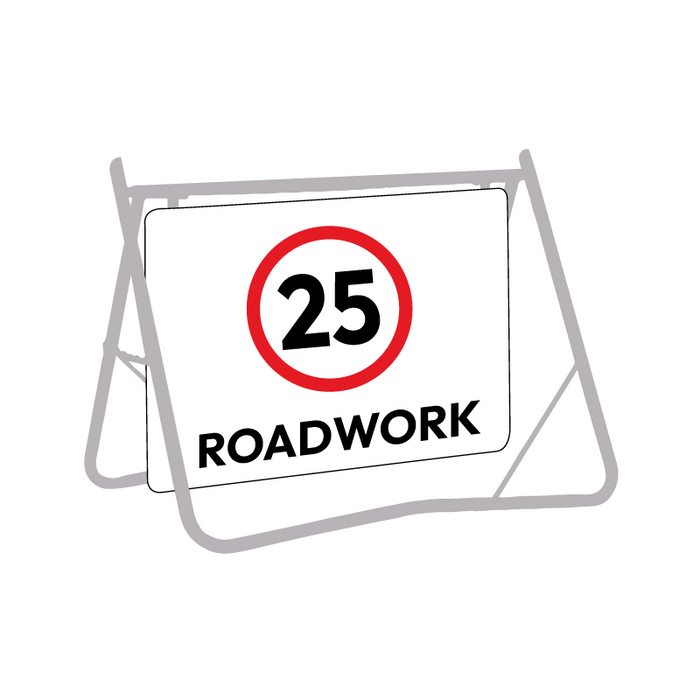 25 Roadwork (Speed Limit), 900 x 600mm Metal, Class 1 Reflective, Swing Stand