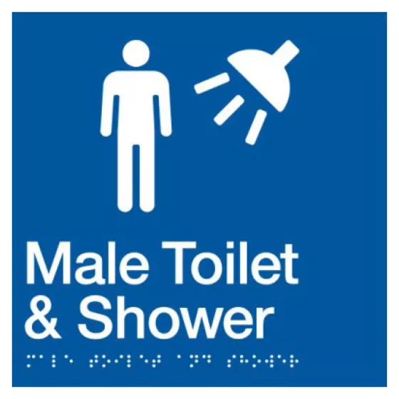 Braille Sign, Male Toilet & Shower, 180 x 180mm, Blue/White PVC