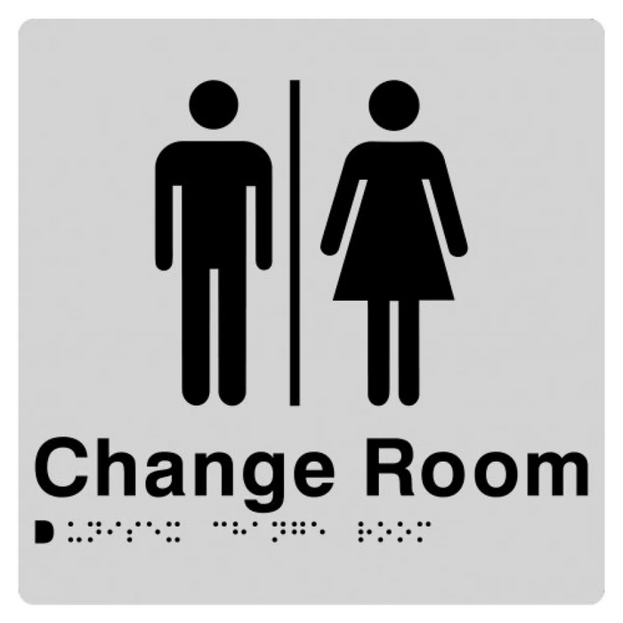 Braille Sign, Unisex Change Room, 180 x 180mm, Silver/Black PVC