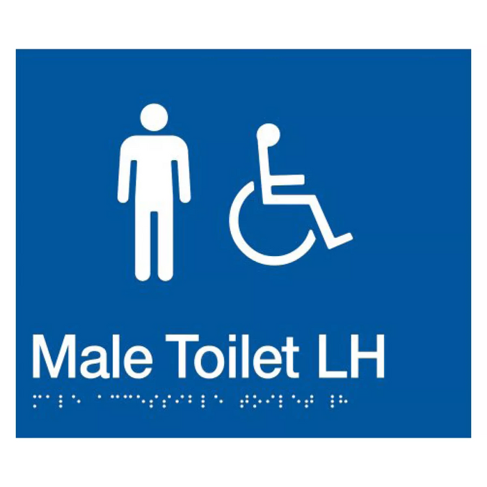 Braille Sign, Male Wheelchair Accessible Toilet Left Hand, 210 x 180mm, Blue/White PVC