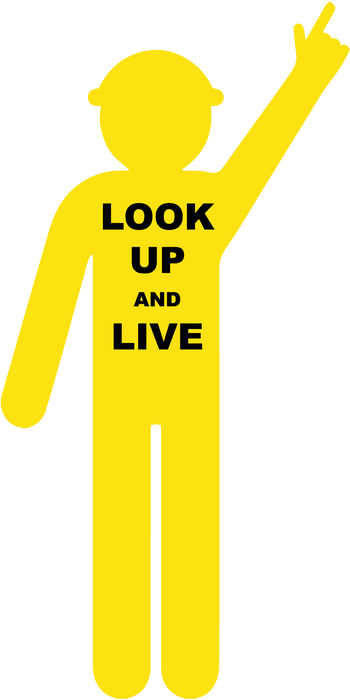 Yellow Cut Out Worker, Arm Up - Finger Pointing "Look Up & Live", 1800 x 900mm Corflute