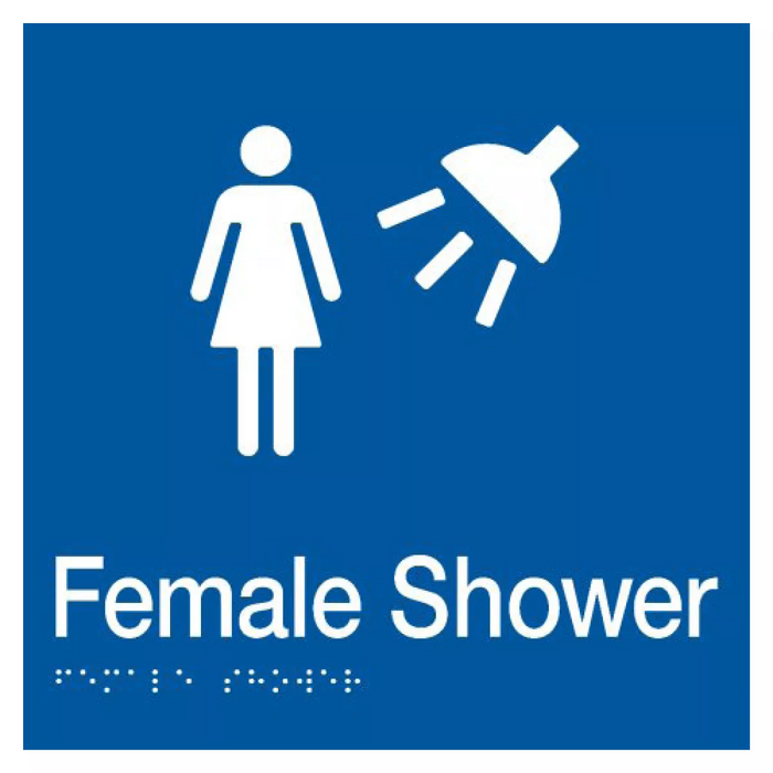 Braille Sign, Female Shower, 180 x 180mm, Blue/White PVC