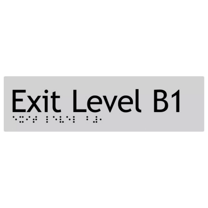 Braille Sign, Exit Level Basement 1, 180 x 50mm, Silver/Black PVC