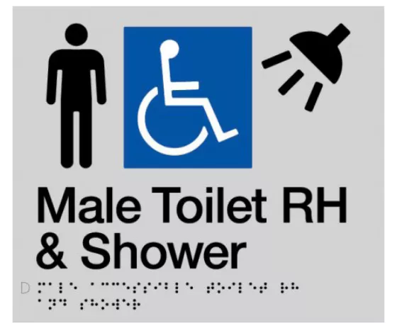 Braille Sign, Male Wheelchair Accessible Toilet & Shower Right Hand, 210 x 180mm, Silver/Black PVC