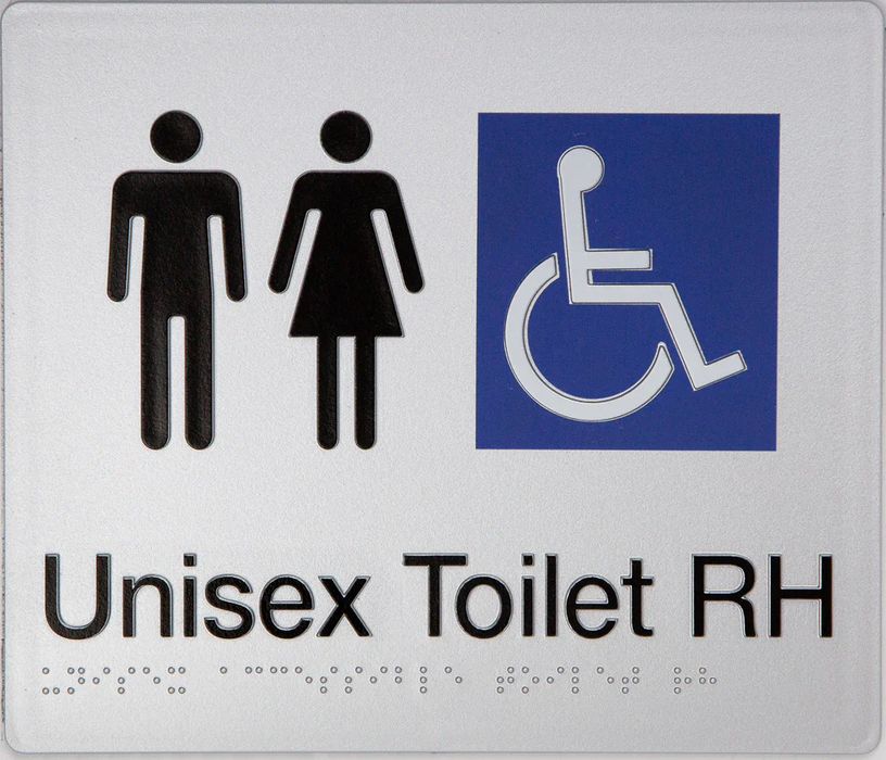 Braille Sign, Unisex Wheelchair Accessible Toilet Right Hand, 210 x 180mm, Silver/Black PVC