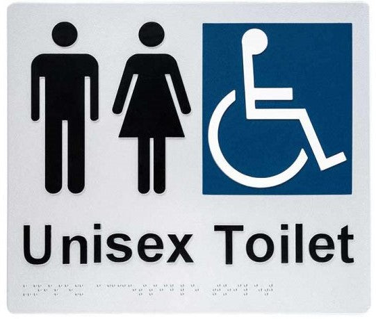 Braille Sign, Unisex Wheelchair Accessible Toilet, 210 x 180mm, Silver/Black PVC