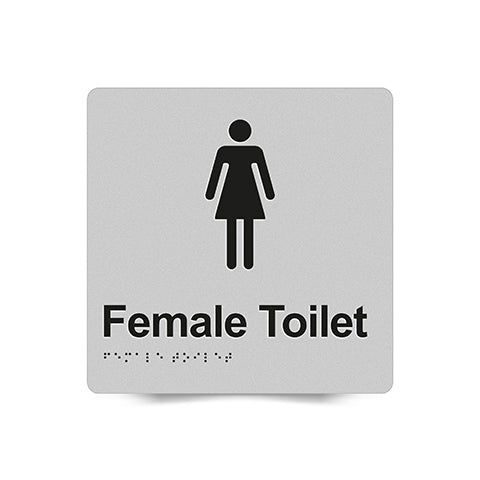 Braille Sign, Female Toilet, 180 x 180mm, Silver/Black PVC