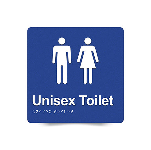 Braille Sign, Unisex Toilet, 180 x 180mm, Blue/White PVC