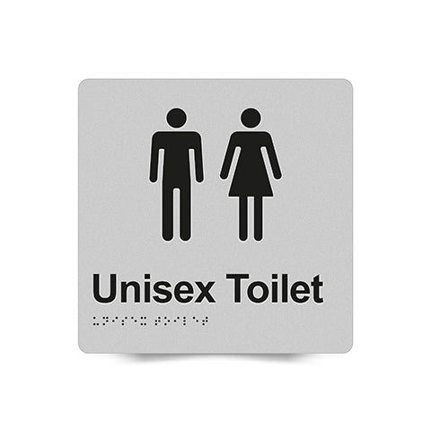 Braille Sign, Unisex Toilet, 180 x 180mm, Silver/Black PVC