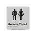 Braille Sign, Unisex Toilet, 180 x 180mm, Silver/Black PVC