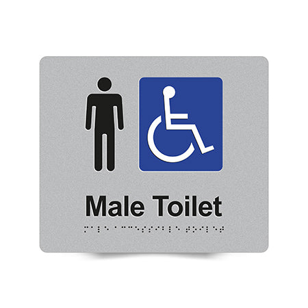 Braille Sign, Male Wheelchair Accessible Toilet, 210 x 180mm, Silver/Black PVC