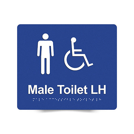 Braille Sign, Male Wheelchair Accessible Toilet Left Hand, 210 x 180mm, Blue/White PVC