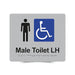 Braille Sign, Male Wheelchair Accessible Toilet Left Hand, 210 x 180mm, Silver/Black PVC