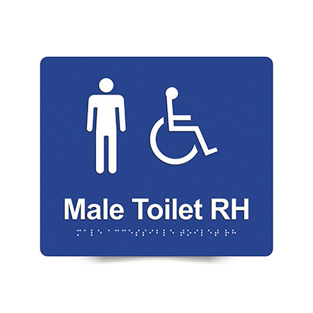Braille Sign, Male Wheelchair Accessible Toilet Right Hand, 210 x 180mm, Blue/White PVC